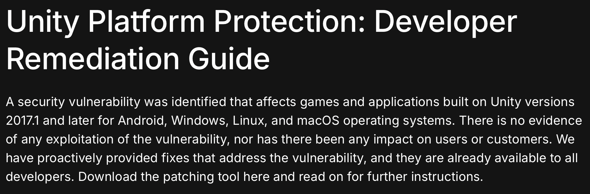unity vulnerability 2025 developer remediation guide from Unity official website